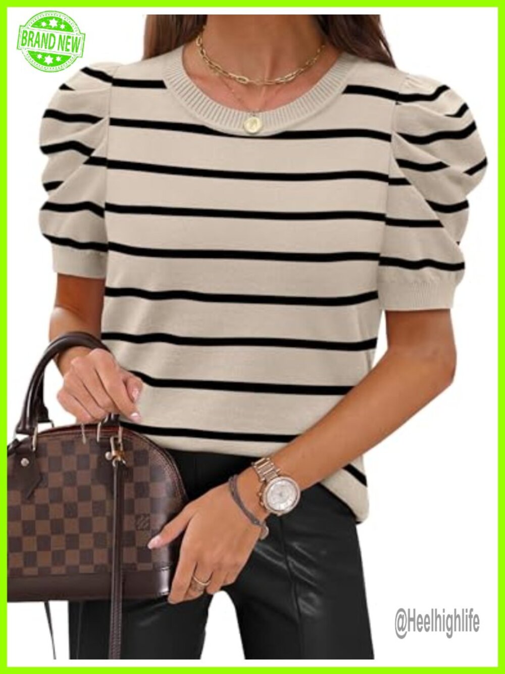 Sampeel Women's Short Sleeve Knit Sweater Puff Sleeve Crewneck Striped Top